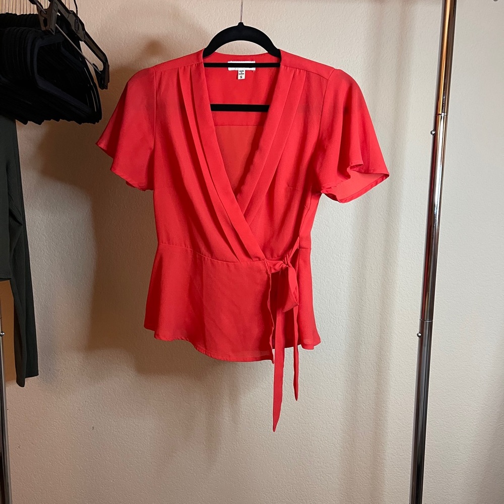 Bright red orange top, tie front